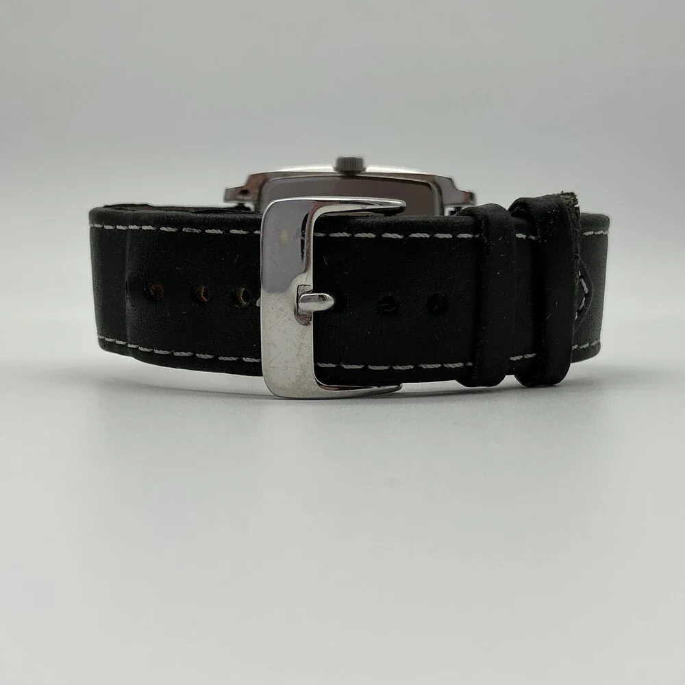 Caravelle By Bulova Mens Square Watch 36mm Black Dial Black Leather New Battery